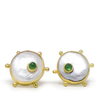 Vintouch Italy Women's Green / White / Gold Rebel Rebel Pearl Stud Earrings With Emeralds In Multi