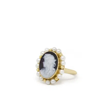 Vintouch Italy Women's Little Lovelies Gold-plated Black Cameo Pearly Ring