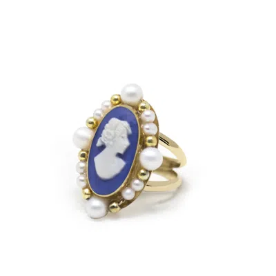 Vintouch Italy Women's Ophelia Gold-plated Blue Cameo And Pearl Ring In Multi