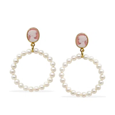Vintouch Italy Women's Orange / Gold A Perfect Circle Pink Cameo And Pearl Earrings