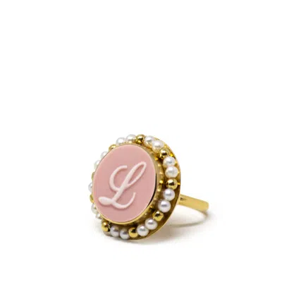 Vintouch Italy Women's Pink / Gold Pink Initial L Cameo Ring With Pearls In Multi