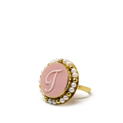 Vintouch Italy Women's Pink / Gold Pink Initial T Cameo Ring With Pearls In Multi