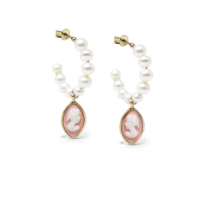 Vintouch Italy Women's Pink / Gold / White April Gold-plated Pearl And Pink Cameo Hoop Earrings