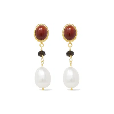 Vintouch Italy Women's Red / Gold Carnelian, Onyx & Pearl Drop Earrings In Multi