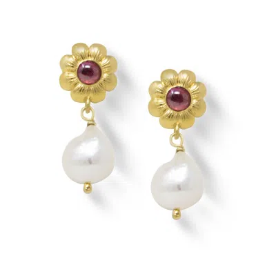 Vintouch Italy Women's Red / Gold Mini Flower Gold-plated Rhodolite Earrings In Multi