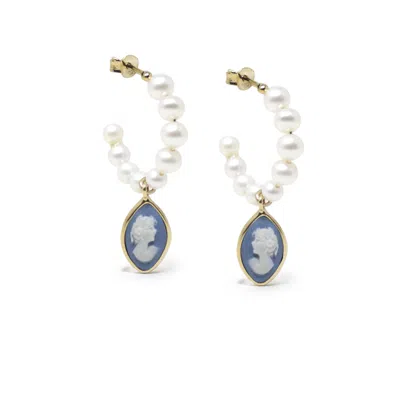 Vintouch Italy Women's White / Blue / Gold April Gold-plated Pearl And Sky Blue Cameo Hoop Earrings In Multi