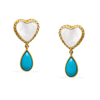 Vintouch Italy Women's White / Blue / Gold Happy Hearts Pearl And Turquoise Earrings In Multi