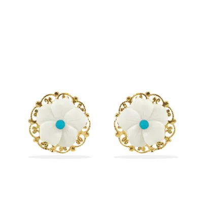 Vintouch Italy Women's White Flower Power Gold Vermeil Turquoise Earrings