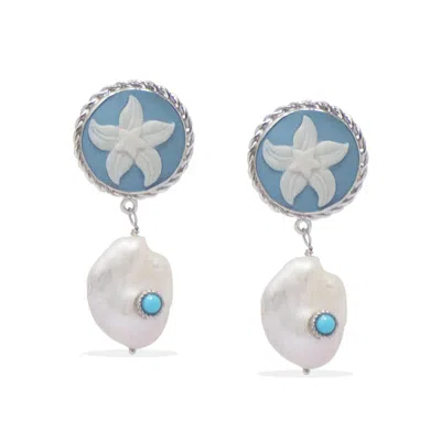 Vintouch Italy Women's White / Gold / Blue Starfish Cameo Earrings With Baroque Pearls In Multi