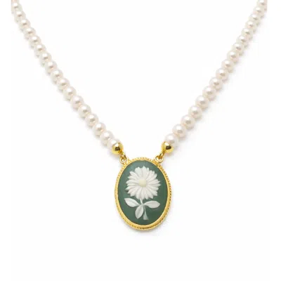 Vintouch Italy Women's White / Gold / Green Aster Cameo Necklace With Pearls In Multi