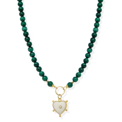 Vintouch Italy Women's White / Gold / Green Happy Heart Malachite Necklace In Multi