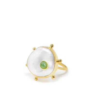 Vintouch Italy Women's White / Gold / Green Rebel Rebel Green Emerald Stacking Ring In Multi