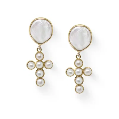 Vintouch Italy Women's White / Gold Hope Gold-plated Pearl Cross Earrings In Multi