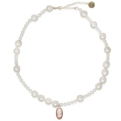 Vintouch Italy Women's White / Gold / Pink Boreas Mismatched Pearl And Pink Cameo Necklace In Multi