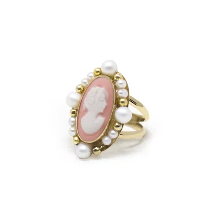 Vintouch Italy Women's White / Gold / Pink Ophelia Gold-plated Pink Cameo And Pearl Ring In Multi