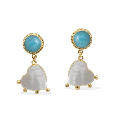 Vintouch Italy Women's White / Green / Gold Happy Hearts Earrings With Amazonite And Pearls In Multi