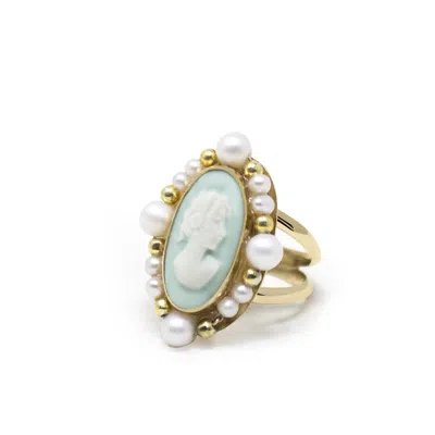 Vintouch Italy Women's White / Green / Gold Ophelia Gold-plated Green Cameo And Pearl Ring In Multi