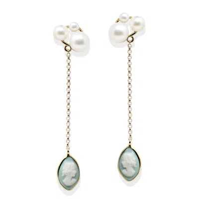 Vintouch Italy Women's White / Green Lilith Gold-plated Green Cameo And Pearl Drop Earrings In Multi