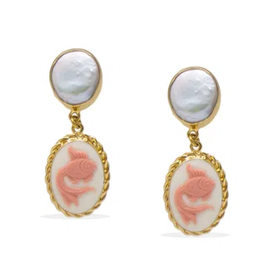 Vintouch Italy Women's White / Pink / Gold Goldfish Cameo Earrings With Pearls In Multi