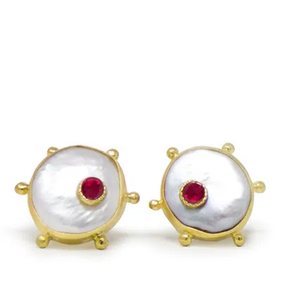 Vintouch Italy Women's White / Red / Gold Rebel Rebel Pearl Stud Earrings With Rubies In Multi