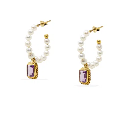 Vintouch Italy Women's White / Yellow / Gold Luccichio Amethyst And Pearl Hoop Earrings In Multi