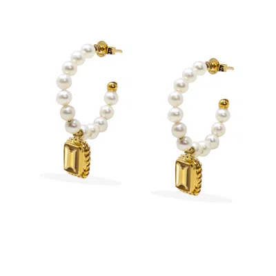 Vintouch Italy Women's White / Yellow / Gold Luccichio Citrine And Pearl Hoop Earrings In Multi