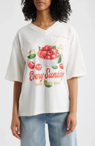 Vinyl Icons Fresh Cherries V-neck Graphic T-shirt In Marshmallow