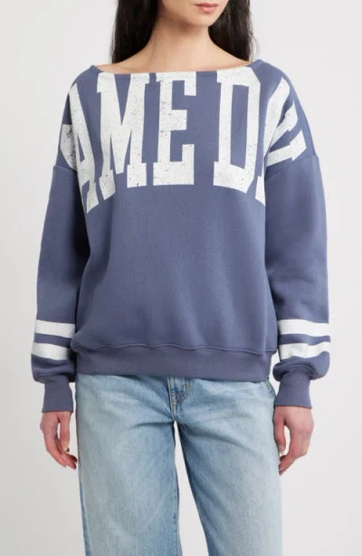 Vinyl Icons Game Day Off The Shoulder Graphic Sweatshirt In Gray