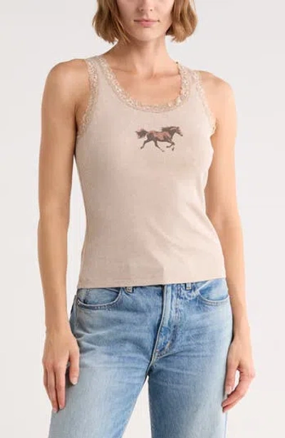 Vinyl Icons Horse Running Lace Trim Rib Graphic Tank In Brown