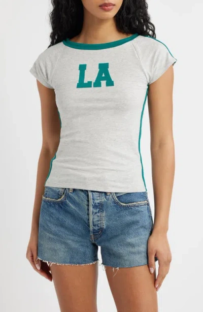 Vinyl Icons La Off The Shoulder Graphic Ringer T-shirt In Gray