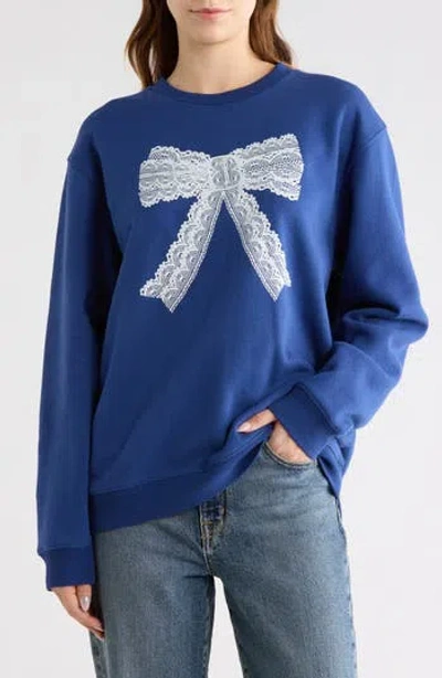 Vinyl Icons Lace Bow Fleece Crewneck Sweatshirt In Blue