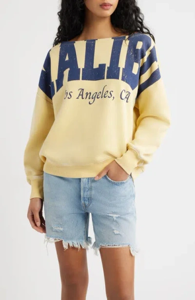 Vinyl Icons Malibu Off The Shoulder Graphic Sweatshirt In Yellow