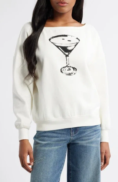 Vinyl Icons Martini Embellished Off The Shoulder Graphic Fleece Sweatshirt In Marshmallow