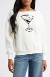 Vinyl Icons Martini Embellished Off The Shoulder Graphic Fleece Sweatshirt In White