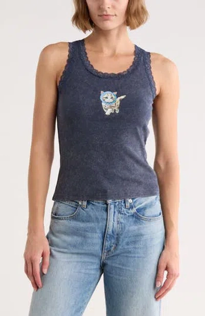 Vinyl Icons Pretty Kitty Lace Trim Graphic Tank In Blue
