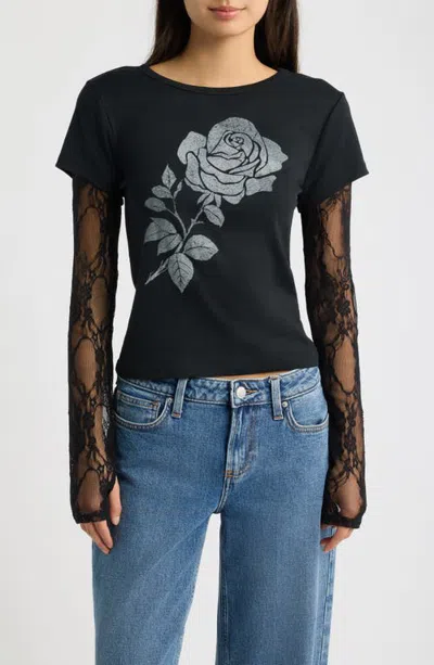 Vinyl Icons Rose Lace Layered Graphic Tee In Black