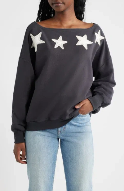 Vinyl Icons Star Appliqué Off The Shoulder Sweatshirt In Black