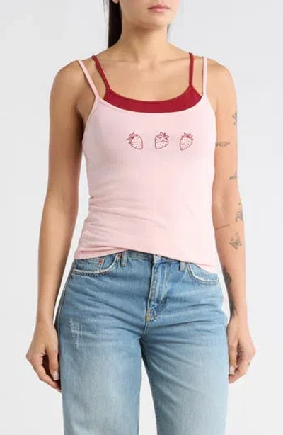 Vinyl Icons Strawberry Embroidered Layered Tank In Pink