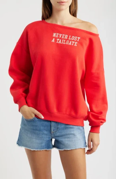 Vinyl Icons Tailgate Off The Shoulder Embroidered Sweatshirt In Red