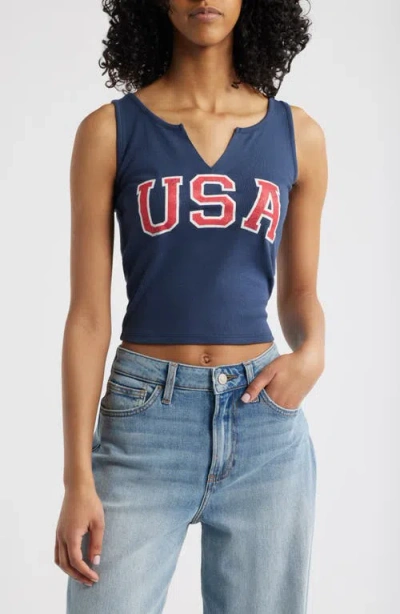 Vinyl Icons Usa Split Neck Graphic Tank In Mood Indigo