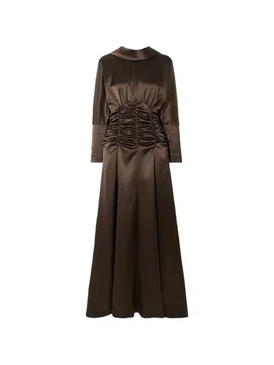 Violante Nessi Edgar Button-embellished Ruched Satin Gown In Brown