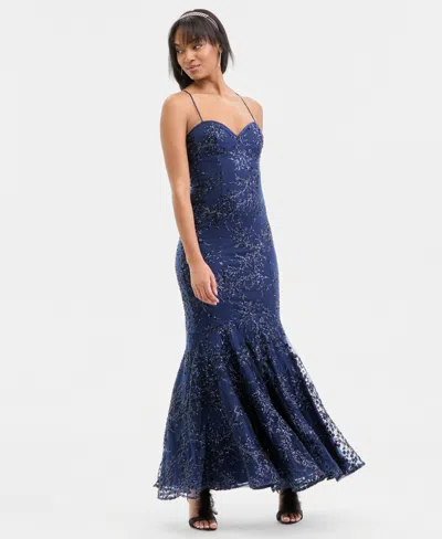 Violet Weekend Juniors' Floral Sequin Embellished Mesh Gown In Blue