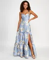 Violet Weekend Juniors' Floral Sweetheart-neck Tiered Gown In Blue Multi