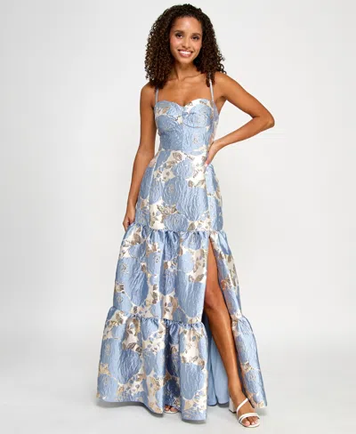 Violet Weekend Juniors' Floral Sweetheart-neck Tiered Gown In Blue Multi