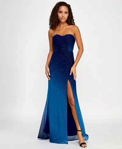 Violet Weekend Juniors' Glitter-mesh Ombre Gown In Navy Blue