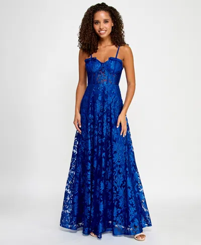 Violet Weekend Juniors' Illusion-corset Floral-lace Gown In Sapphire