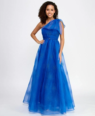 Violet Weekend Juniors Womens Glitter One Shoulder Evening Dress In Blue Silver
