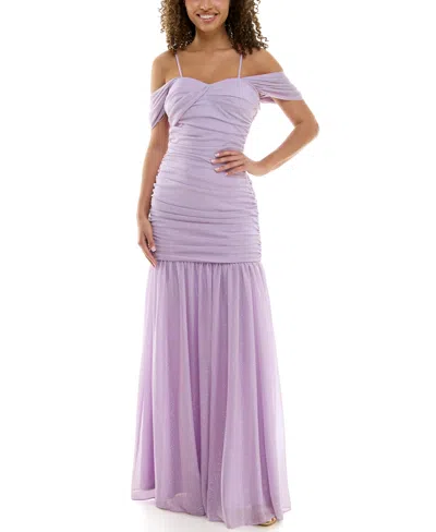 Violet Weekend Juniors' Ruched Glitter Mermaid Gown In Lilac
