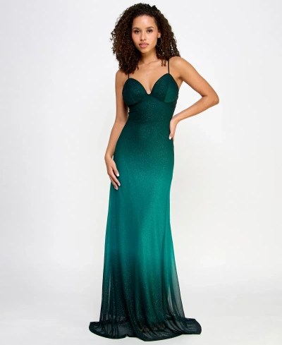 Violet Weekend Juniors' Strappy Glitter Slim-fit Gown In Hunter,peacock