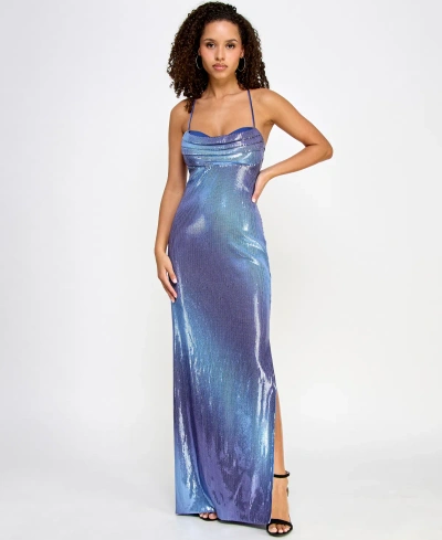 Violet Weekend Juniors' Strappy Ombre Sequin Gown In Blue Silver
